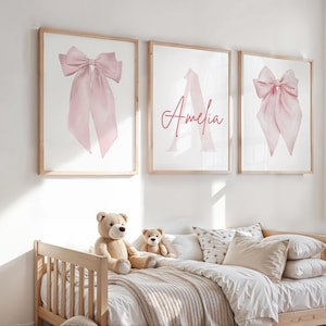 Pink Bow Nursery Wall Art Set of 3 | Personalised Name Print | Girls Bedroom Decor | Pink Bow Cute Coquette | Custom Name Print for Nursery