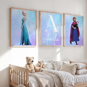 Frozen Princess Wall Art Set - Personalised Name Print with Elsa & Anna, Girls Bedroom Decor, Frozen Themed Nursery Print, Girls Bedroom Art