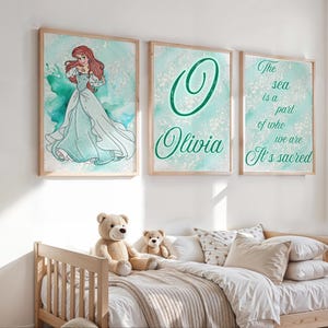 Ensemble d&#39;art mural Princesse Ariel, citation inspirée d&#39;Ariel sur la mer et impression nom personnalisé, décoration de chambre d&#39;enfant, chambre inspirée d&#39;une sirène, chambre de tout-petit