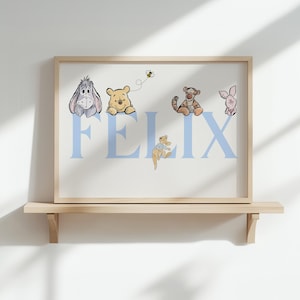 Winnie the Pooh Custom Name Print, Personalised Nursery Wall Art, Boys Bedroom Print, Winnie the Pooh & Friends Wall Decor, Toddlers Print