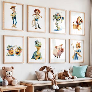 Toy Story Wall Art Set of 8, Boys Bedroom Prints, Playroom Wall Decor, Watercolour Kids Room Art, Toy Story Prints, Watercolour Toy Story