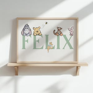 Personalised Winnie the Pooh Name Print, Custom Name with Watercolour Winnie the Pooh & Friends, Boys Bedroom Decor, Nursery Wall Art Print
