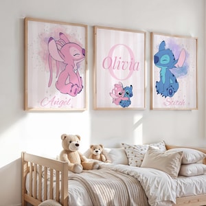 Personalised Lilo & Stitch Wall Prints for Girls Room, Set of 3, Custom Name Wall Art, Stitch Nursery Decor, Stitch Girl Decor, Angel Stitch