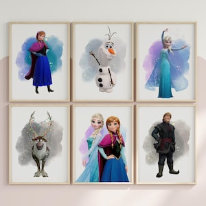 Frozen Inspired Wall Art Set of 6, Elsa Anna Olaf Sven & Kristoff Watercolour Prints, Nursery Decor for Girls, Girls Bedroom Print Set of 6