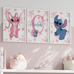 Stitch and Angel Nursery Wall Art, Personalized Name Print Set, Custom Disney Baby Room Decor, Pink Girl Bedroom, Toddler Bedroom Print Set