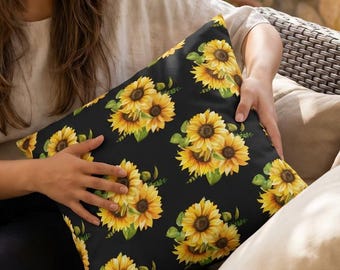 Funda de almohada cuadrada con estampado de girasoles, de poliéster amarillo con decoración floral.
