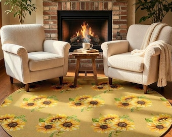 Sunflower Floral Boho runder Teppich | Gelbes Blumendekor