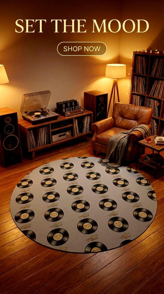 Retro Vinyl Record Pattern Round Rug | Music Lovers Floor Mat, Man Cave