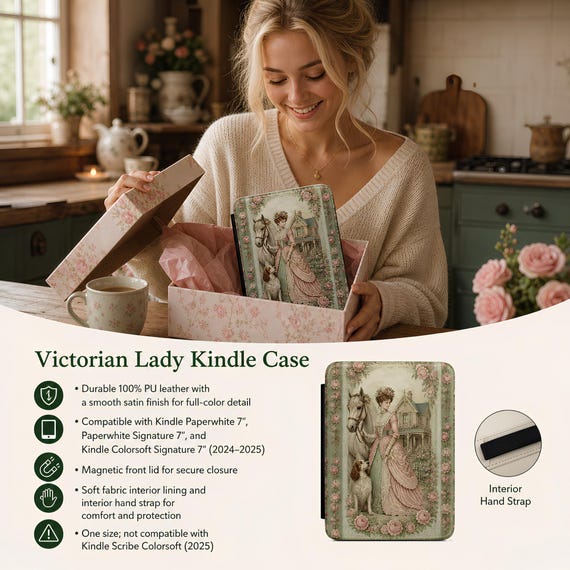 Literary Kindle Case, 100% PU Leather With Victorian Lady And Horse Scene