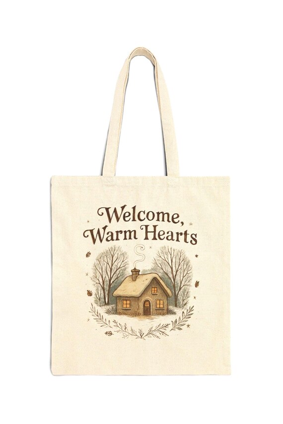 Welcome Warm Hearts cottage illustration Tote Bag | rustic farmhouse design