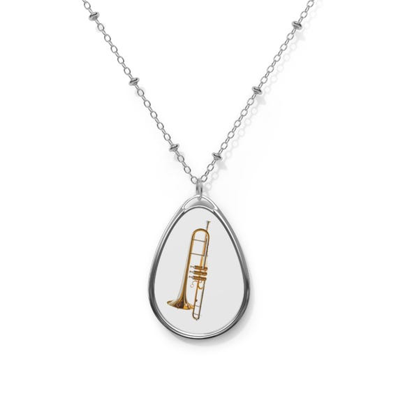 Trombone Illustration Oval Necklace | Music Instrument Pendant