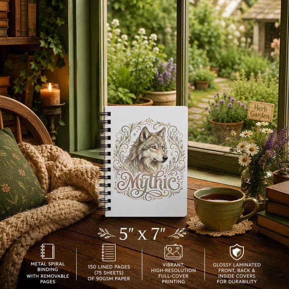 Spiral Journal with Illustrated Wolf Design, Whimsical Floral Cover