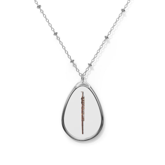Oboe Illustration Oval Necklace | Music Instrument Pendant, Silver Teardrop Locket