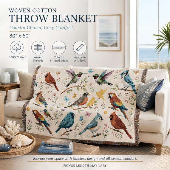 Woven Blanket With Colorful Songbirds, 100% Cotton Fringed Edges