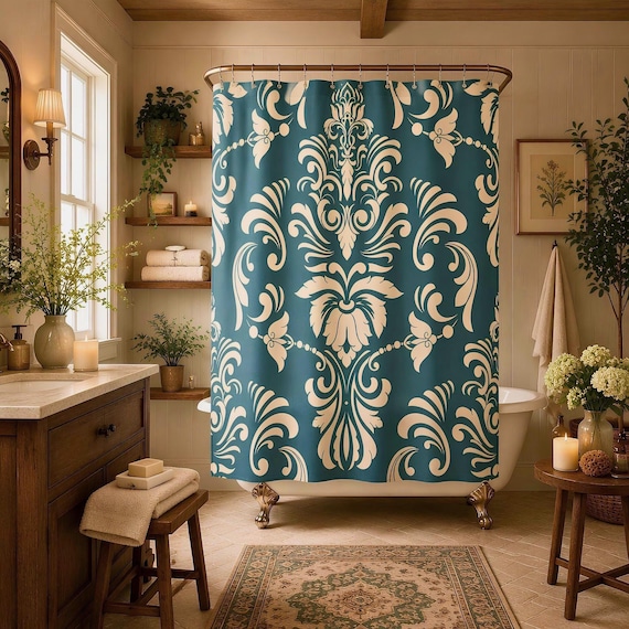 Teal Damask Curtain Shower | Elegant Bathroom Decor