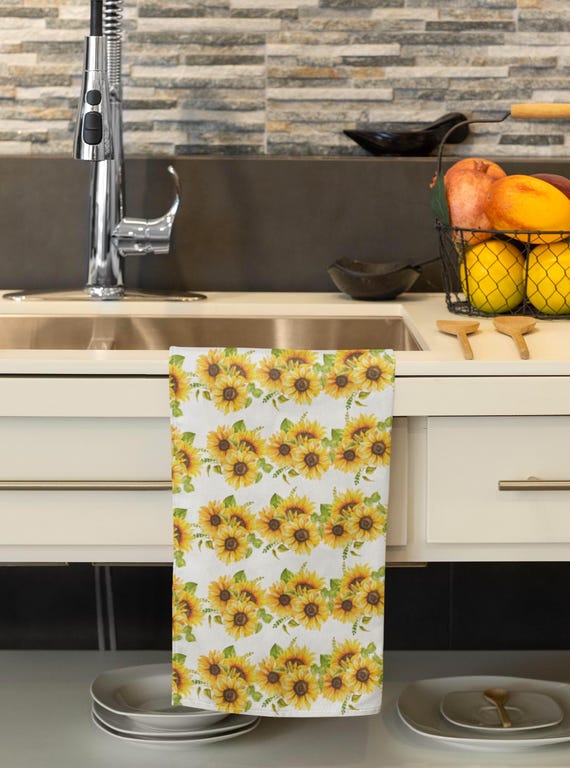 Yellow Sunflower Pattern Tea Towel | Floral Kitchen Decor Microfiber