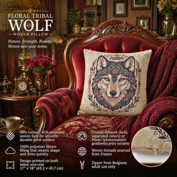 Wolf Pillow, 17" x 18" Woven Cotton-Poly Blend | Floral Tribal Design