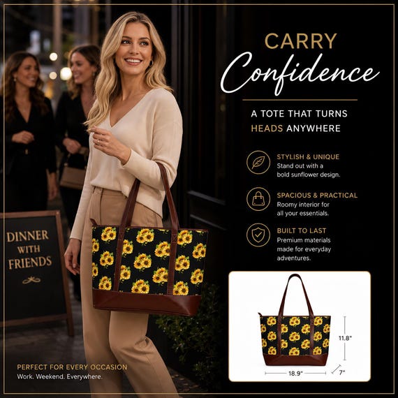 Sunflower Tote Bag with Brown Trim, Water-Resistant Floral Design