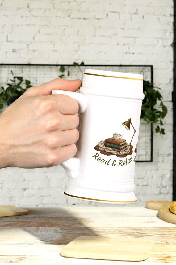 Read & Relax stack of books lamp illustration Stein Mug | Cozy Reading Ceramic Beer Stein