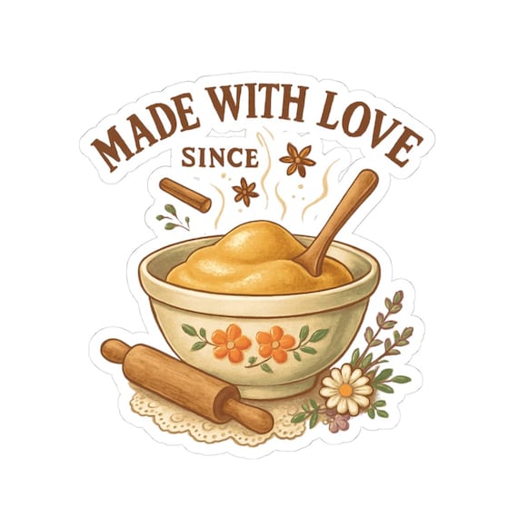Made With Love bowl illustration Kiss-Cut Stickers | baking mortar design