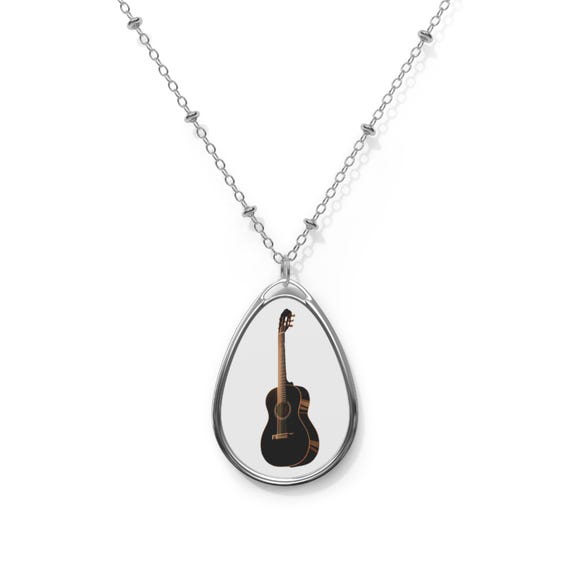 Acoustic Guitar Oval Necklace | Teardrop Pendant with Mini Guitar Artwork