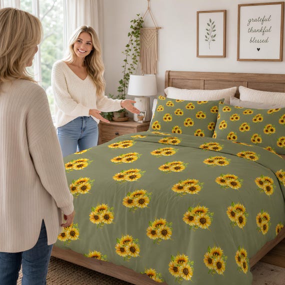 Sunflower Bouquet Cotton Bed Set | Sage Green Cottagecore Farmhouse