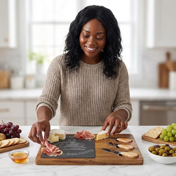 Engraved Charcuterie Board with Removable Slate Surface and Knives