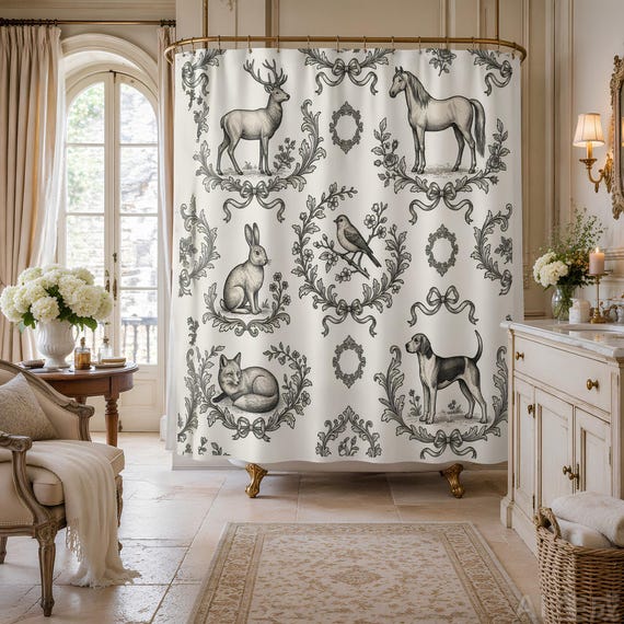 Animal Toile Shower Curtain, Vintage Floral Bathroom Decor with Whimsical
