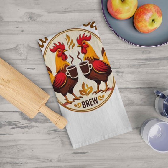 Cupolicious roosters Tea Towel | coffee cup illustration, farmhouse kitchen