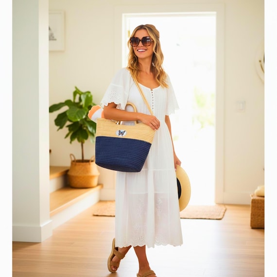 Colorful Butterfly Handwoven Straw Bag boho beach tote, summer accessory