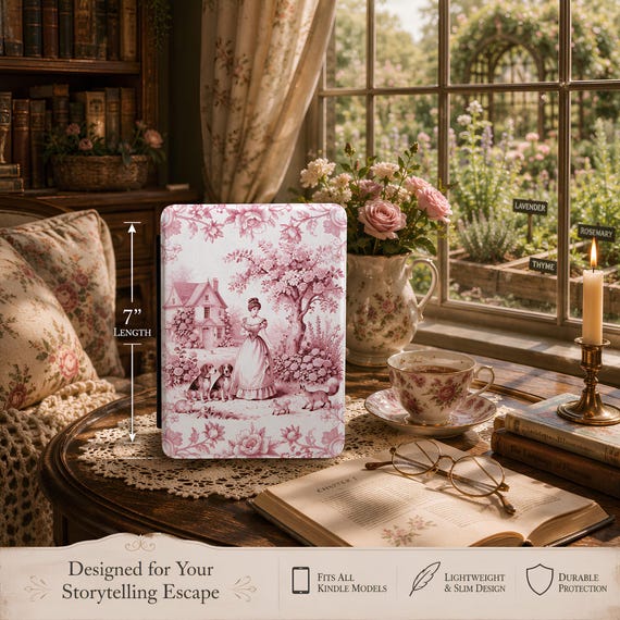 Victorian Toile Lady Scene Kindle Case | Floral Cottage, Dogs