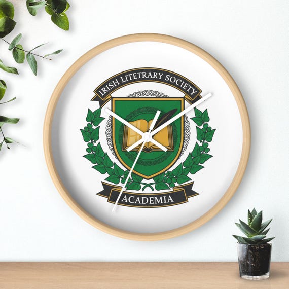 Irish Literary Society Academia Crest Wall Art Clock | Bookish Library Decor