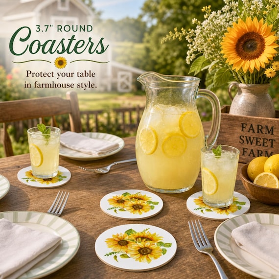 Sunflower Bouquet Round Cork Coasters, Floral Drink Coasters | Kitchen Decor