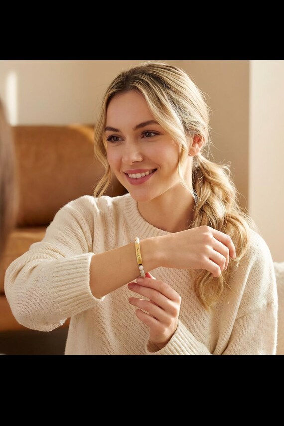 Personalized Engraved Natural Stone Bar Bracelet | Stainless Steel, Gold Tone