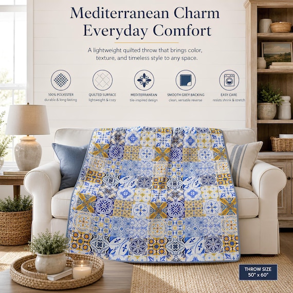 Quilted Texture Throw Blanket, Blue and Yellow Tile Pattern, Mediterranean Decor