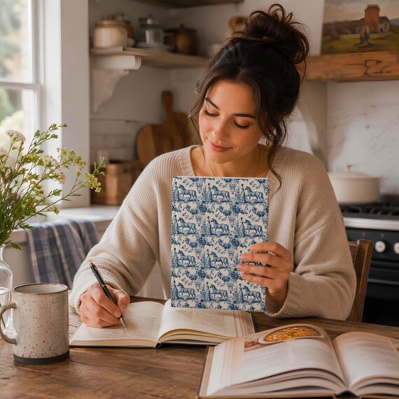 Vintage Notebook with Blue Toile Pattern, Elegant Journal for Writing