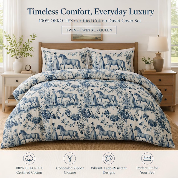 Blue Toile Bedding Set, Vintage French-Inspired Cotton Duvet Cover