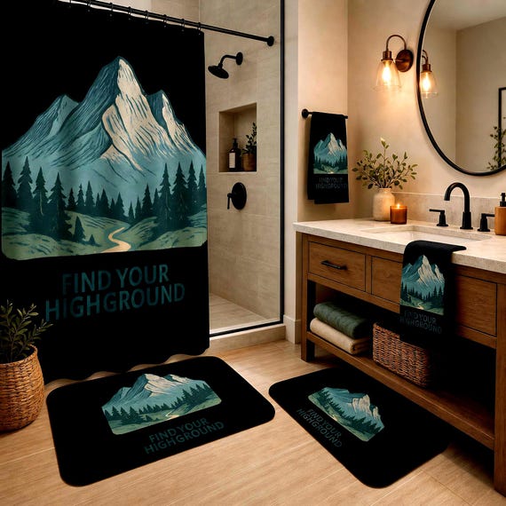 Find Your High Ground mountain illustration Bath Mat | hiking nature bathroom decor