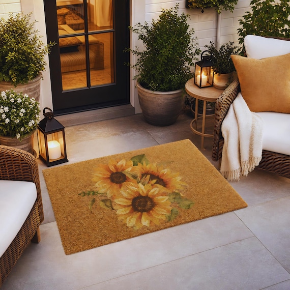 Sunflower Bouquet Doormat | Coir Welcome Mat, Rustic Floral Entryway