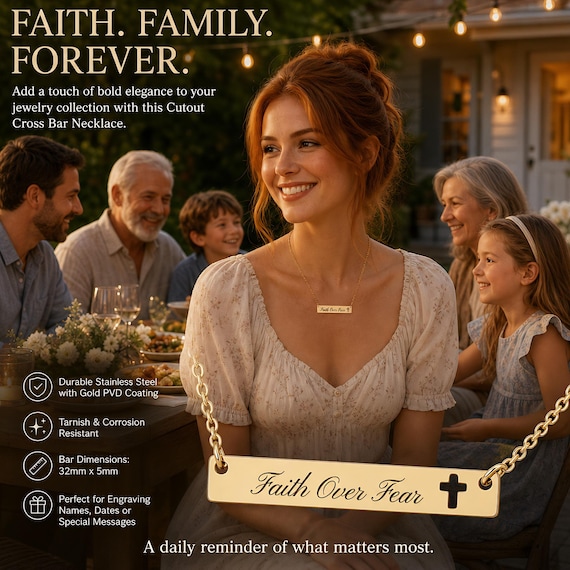 Engraved Cutout Cross Bar Necklace, Stainless Steel Faith Jewelry