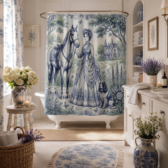 Toile Shower Curtain, Victorian Lady And Horse Scene | 100% Polyester