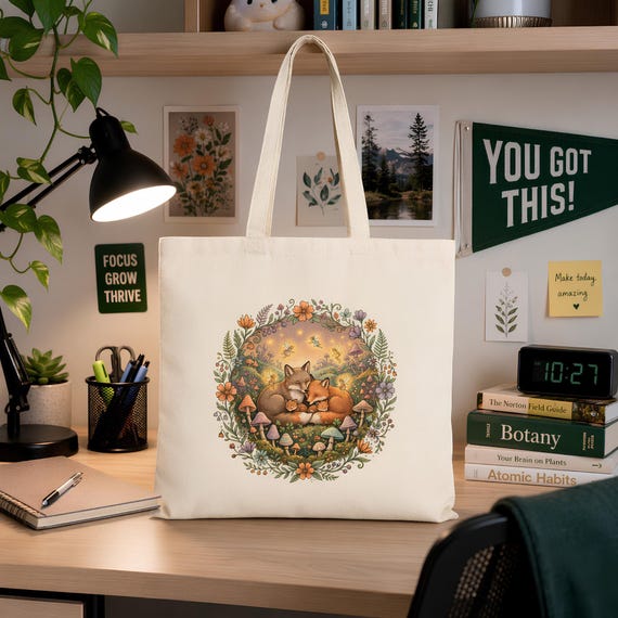 Woodland Bag with Fox Family Illustration, Eco-Friendly Tote in Natural