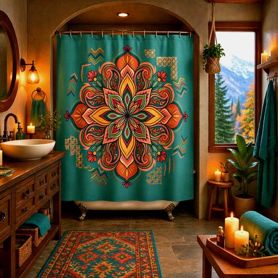 Teal Boho Mandala Shower Curtain | Floral Geometric Bathroom Decor