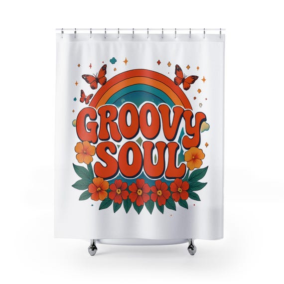 Groovy Soul Shower Curtain | Retro 70s Rainbow, Butterflies & Floral