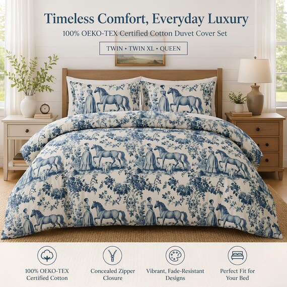 Blue Toile Lady and Horse Cotton Bed Set | Vintage French-Inspired Bedding