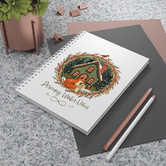 Dreamy Winter Cottage with Fox Spiral Notebook | Cozy Forest Illustration
