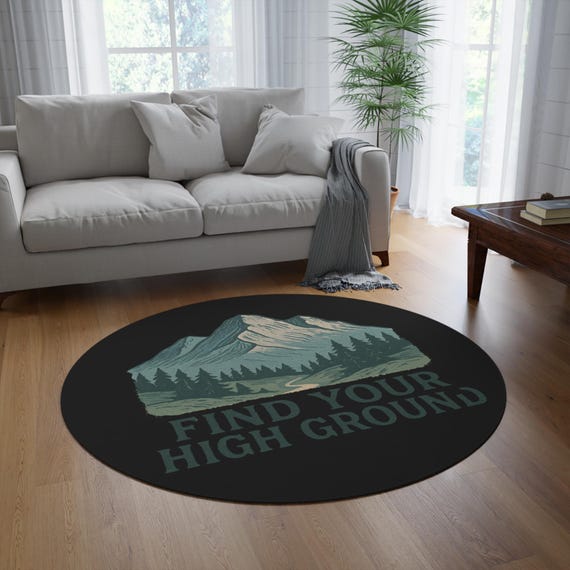 Find Your High Ground Round Rug | Mountain Forest Path Illustration