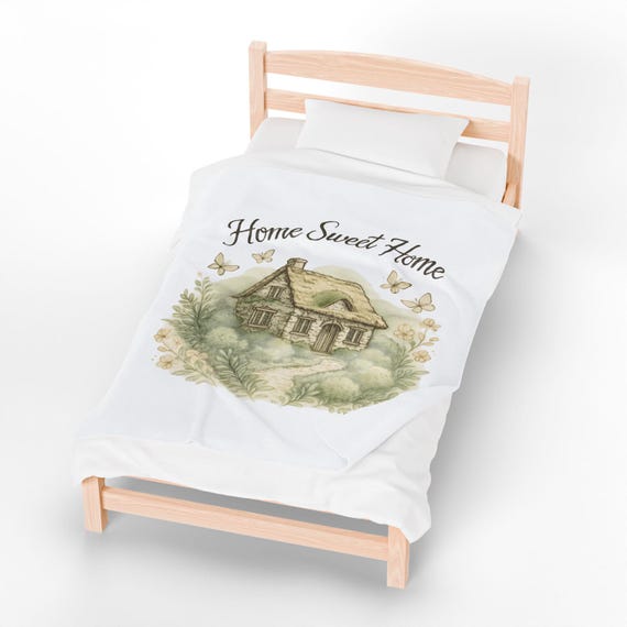 Cottagecore Plush Blanket | Watercolor Home Sweet Home Illustration