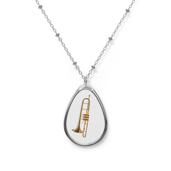 Trombone Illustration Oval Necklace | Music Instrument Pendant