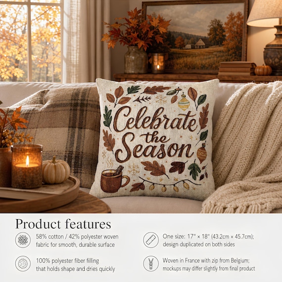 Woven Pillow, 58% Cotton/42 Polyester Autumn Leaves Design, Double-Sided 17″ × 18″